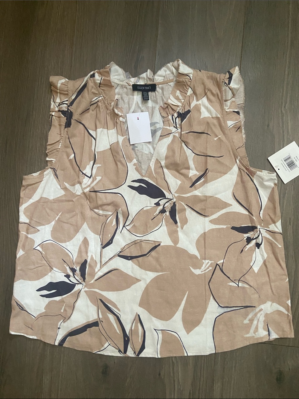 TAN AND CREAM FLORAL LINEN BLEND  V-NECK RUFFLE  SLEEVELESS TOP